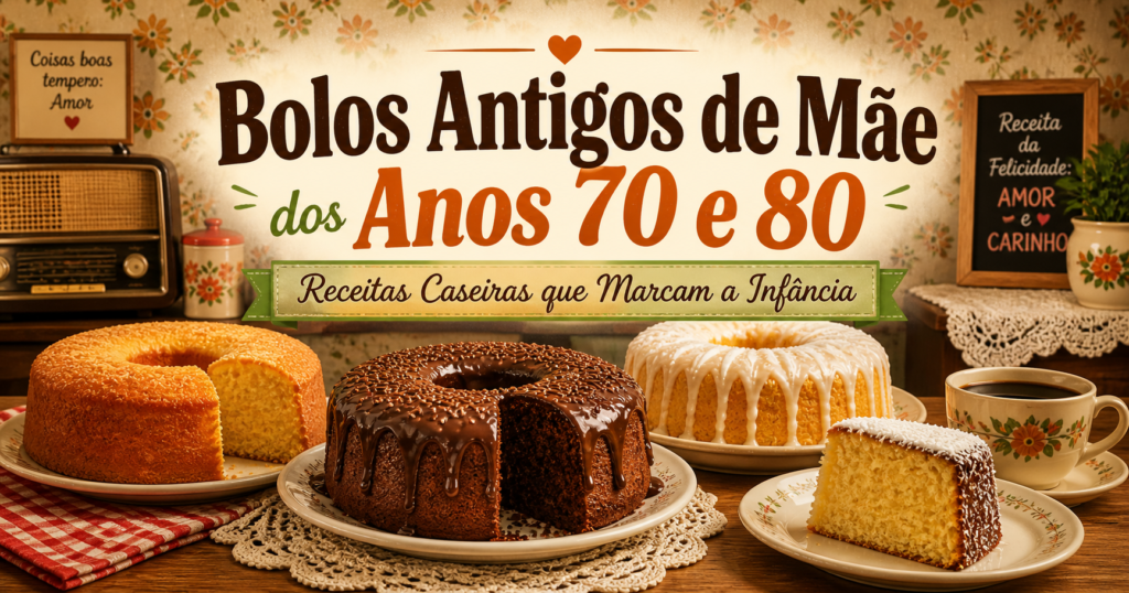 Bolos caseiros antigos dos anos 70 e 80 em mesa rústica com decoração vintage, incluindo bolo de chocolate, bolo simples e bolo com cobertura