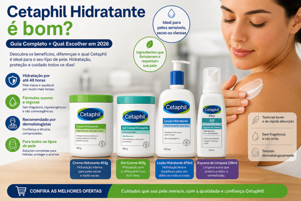 Imagem ilustrativa de produtos Cetaphil (creme hidratante, gel creme, loção e espuma de limpeza) ao lado de uma mulher aplicando hidratante na pele, destacando hidratação profunda, cuidado para pele sensível e fórmula dermatologicamente testada.