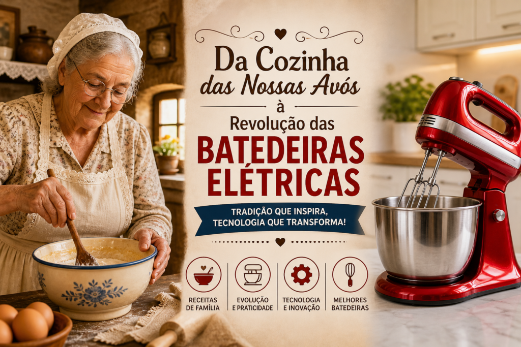 Evolução da cozinha tradicional com avó preparando receita manualmente ao lado de batedeira elétrica moderna, mostrando praticidade e tecnologia na cozinha