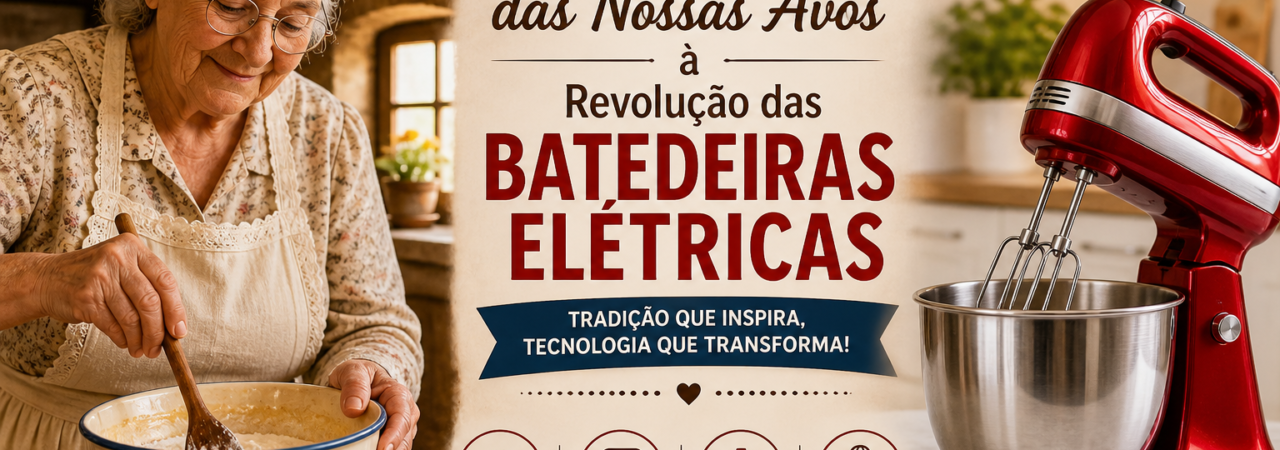 Evolução da cozinha tradicional com avó preparando receita manualmente ao lado de batedeira elétrica moderna, mostrando praticidade e tecnologia na cozinha