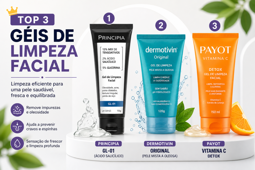 Banner com Top 3 géis de limpeza facial: Principia GL-01 com ácido salicílico, Dermotivin Original para pele mista a oleosa e Payot Vitamina C Detox, com destaque para limpeza profunda, controle da oleosidade e pele mais saudável.