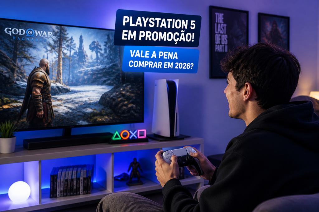 Jovem jogando videogame em console moderno em ambiente gamer com iluminação LED azul, experiência imersiva em 2026