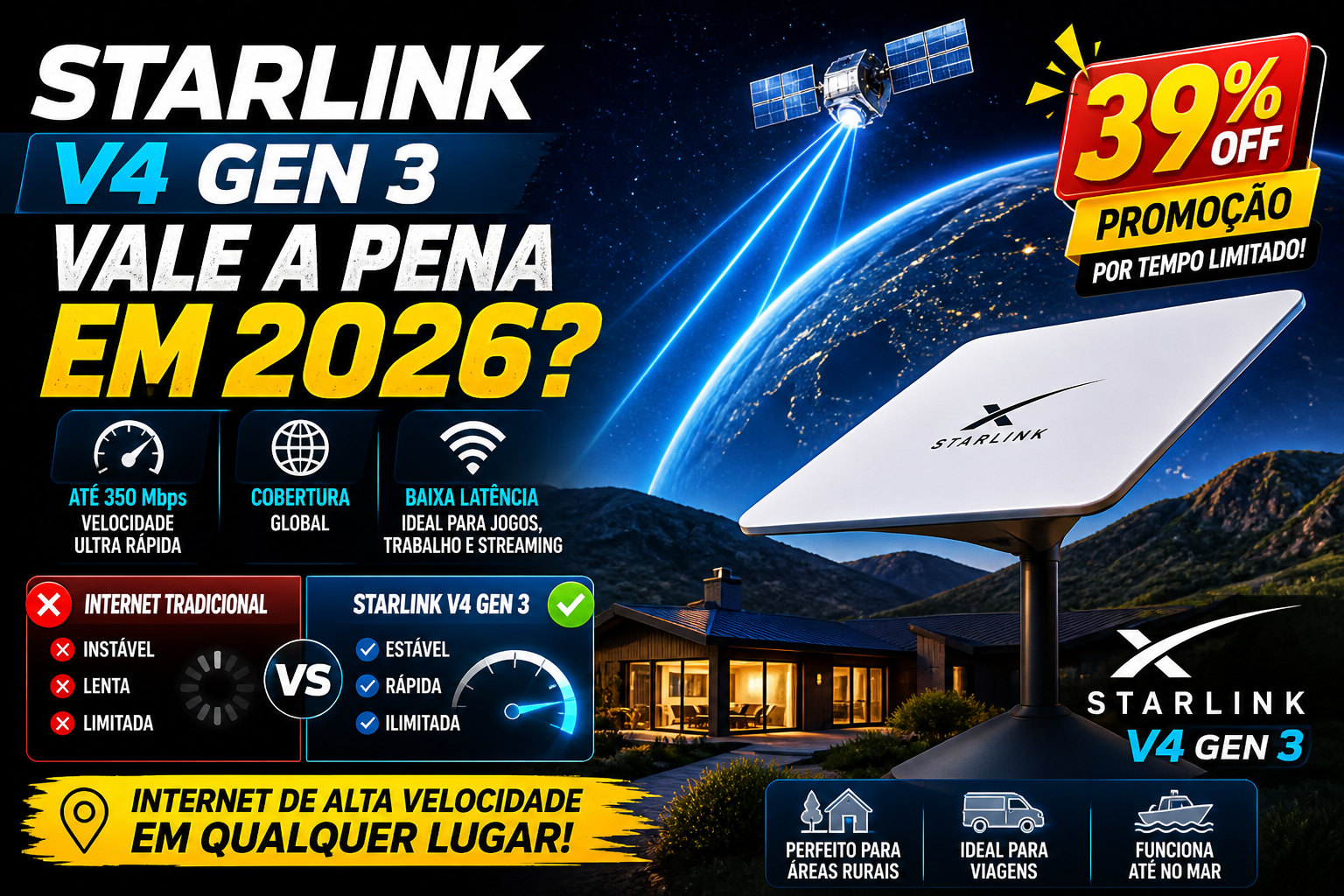 antena Starlink V4 Gen 3 instalada em casa com conexão de internet via satélite de alta velocidade em área rural à noite
