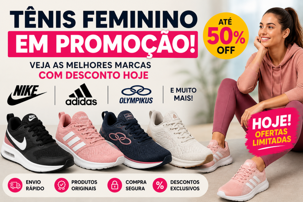 Tênis feminino em promoção com até 50% de desconto, incluindo modelos Nike, Adidas e Olympikus, com destaque para ofertas limitadas e compra segura online