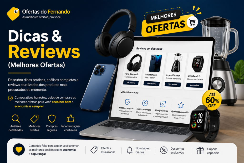 Dicas e reviews de produtos com melhores ofertas, incluindo fones de ouvido, smartphone, smartwatch e eletrodomésticos em destaque para comparação e compra inteligente