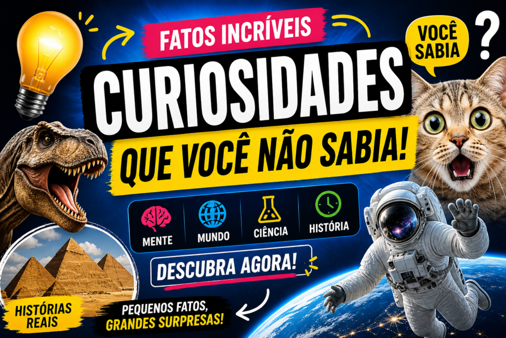 Banner chamativo de curiosidades com dinossauro, gato surpreso, astronauta, pirâmides e lâmpada representando fatos incríveis sobre ciência, história e mundo