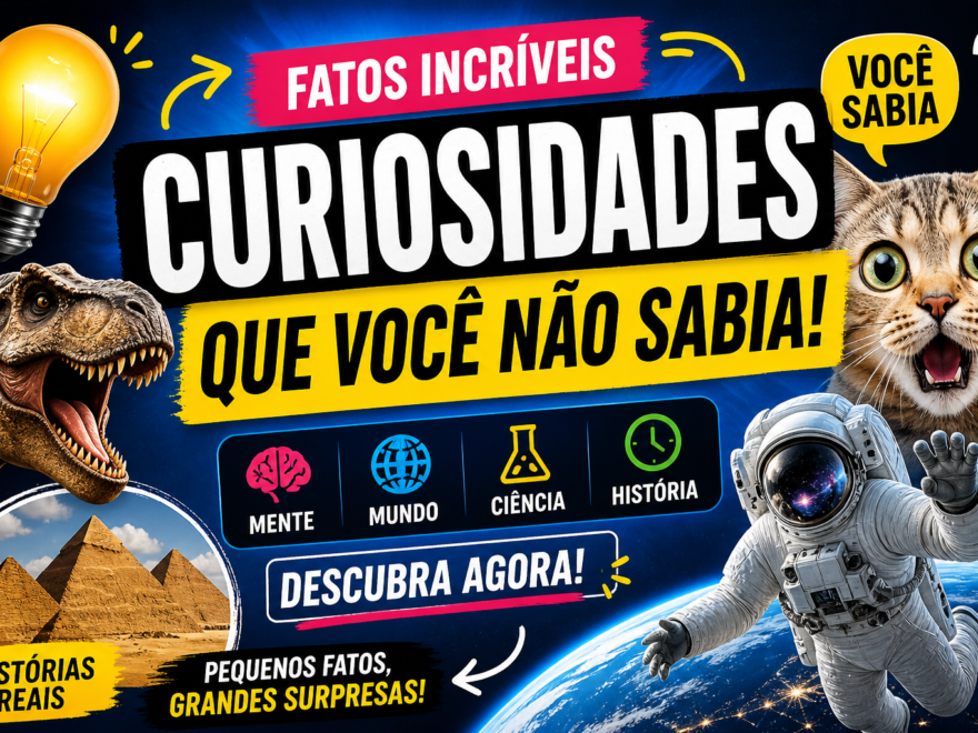 Banner chamativo de curiosidades com dinossauro, gato surpreso, astronauta, pirâmides e lâmpada representando fatos incríveis sobre ciência, história e mundo