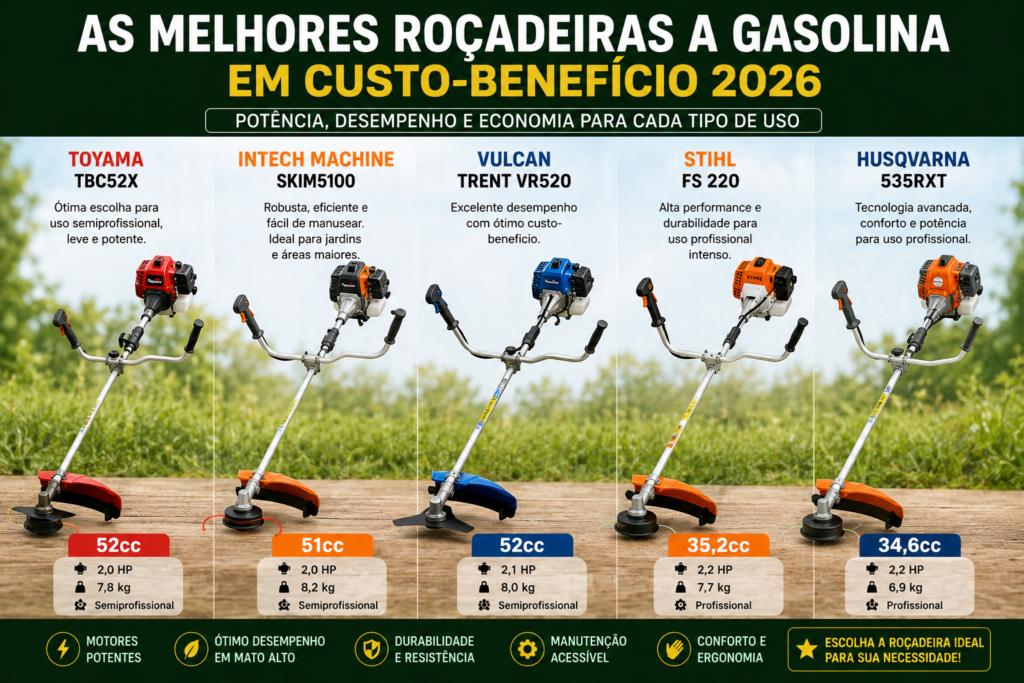 Comparativo das melhores roçadeiras a gasolina de 2026 das marcas Toyama, Intech Machine, Vulcan, Stihl e Husqvarna para uso doméstico, semiprofissional e profissional.