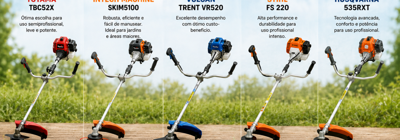 Comparativo das melhores roçadeiras a gasolina de 2026 das marcas Toyama, Intech Machine, Vulcan, Stihl e Husqvarna para uso doméstico, semiprofissional e profissional.
