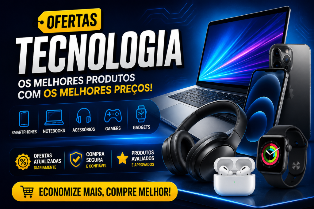 Banner de tecnologia com notebook, smartphone, fones de ouvido e smartwatch destacando ofertas e produtos eletrônicos com melhor preço em 2026